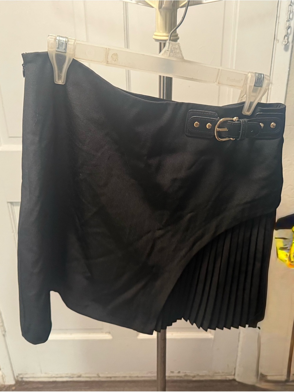Commense Black Asymmetrical Pleated Mini Skirt with Belt Detail - Picture 1 of 6